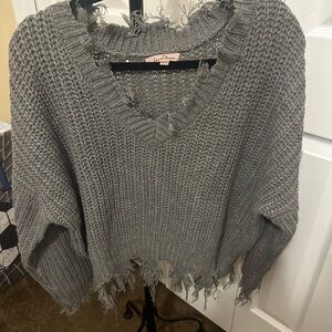 Love Tree Gray Distressed V-Neck Sweater